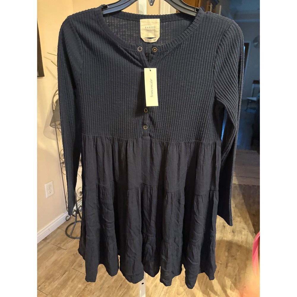 Harper Heritage Francescas Navy Blue Ribbed Henley Tiered Babydoll Mini Dress S